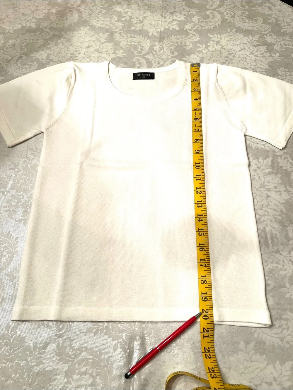 CHANEL White Knit Tee with Black Mesh Overlay Top size XS